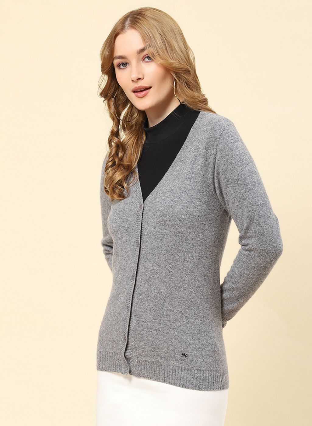 Women Grey Solid Lamb wool Cardigan