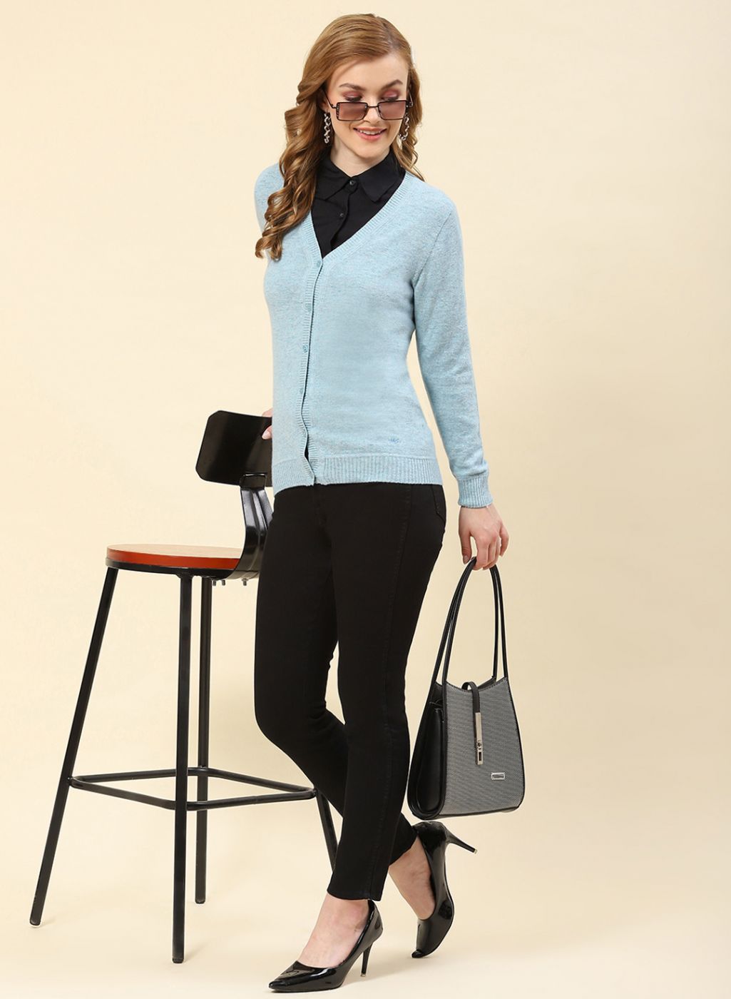 Women Sky Blue Solid Lamb wool Cardigan