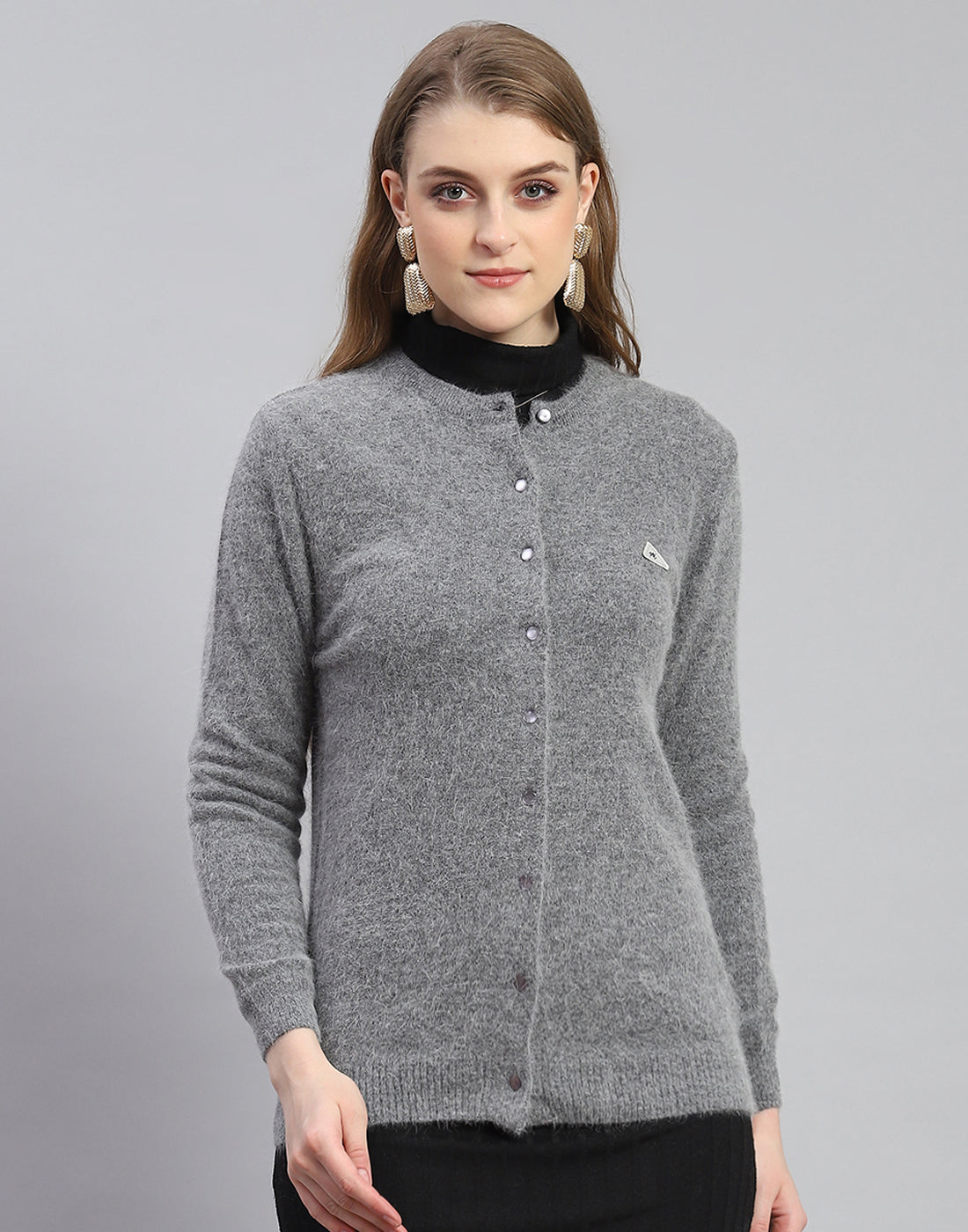 Women Grey Solid Round Neck Full Sleeve Cardigan