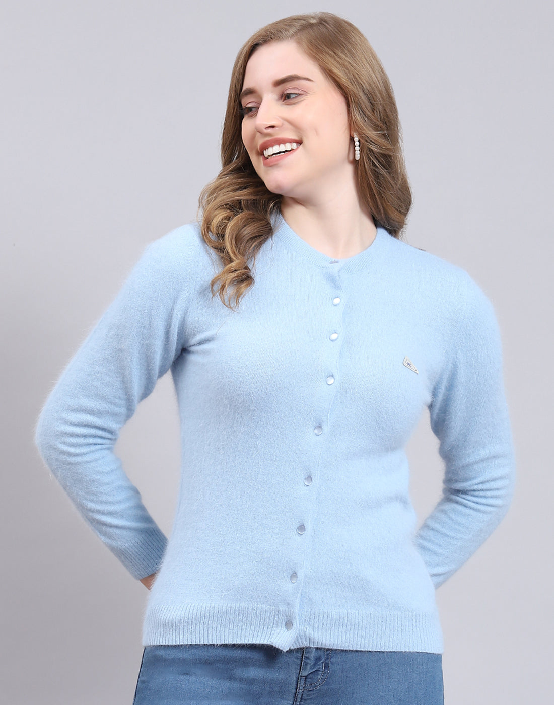 Women Blue Solid Round Neck Full Sleeve Cardigan