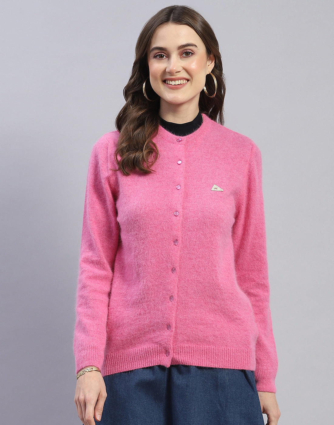 Women Pink Solid Round Neck Full Sleeve Cardigan