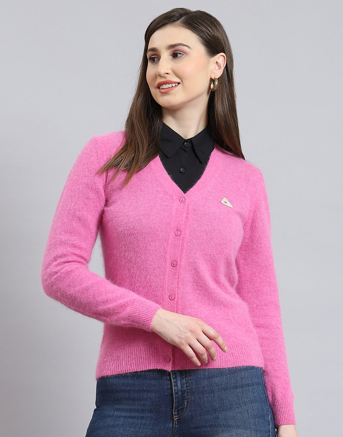 Women Pink Solid V Neck Full Sleeve Cardigan