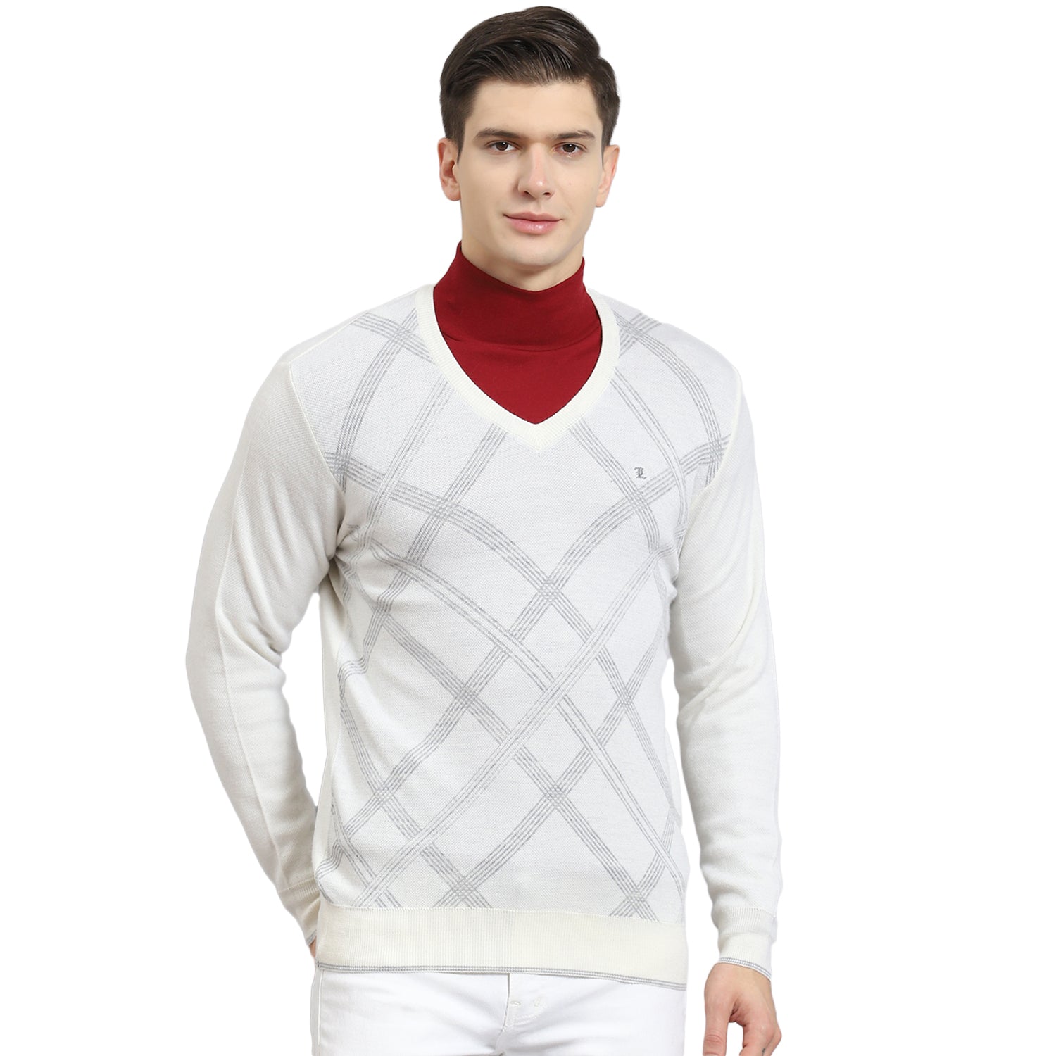Men Off White Printed V Neck Full Sleeve Sweater