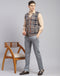 Men Brown Check V Neck Sleeveless Sweater