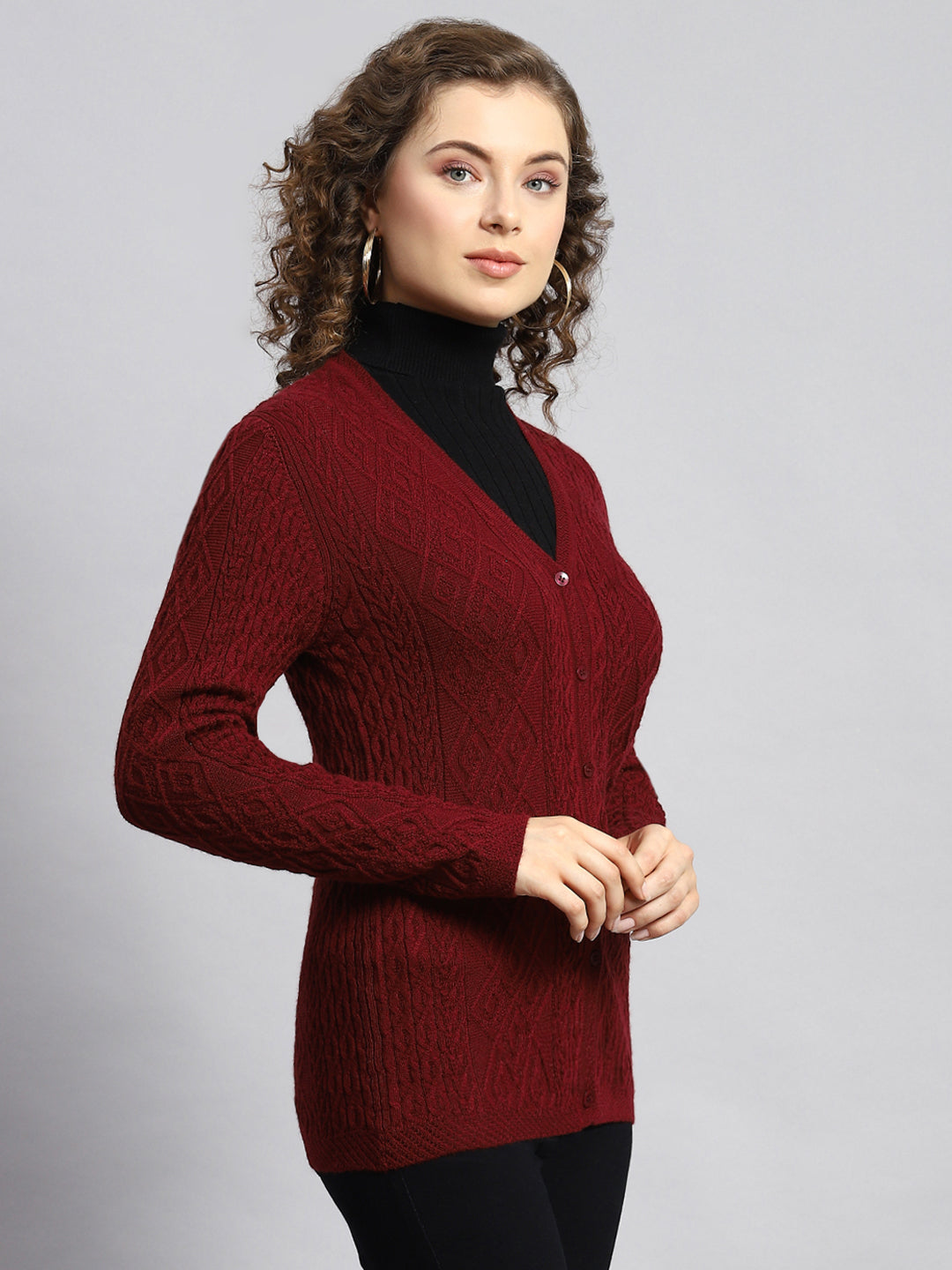 Women Maroon Self Cardigan