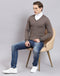 Men Brown Self Design V Neck Full Sleeve Sweater