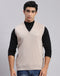 Men Beige Solid V Neck Sleeveless Sweaters/Pullovers