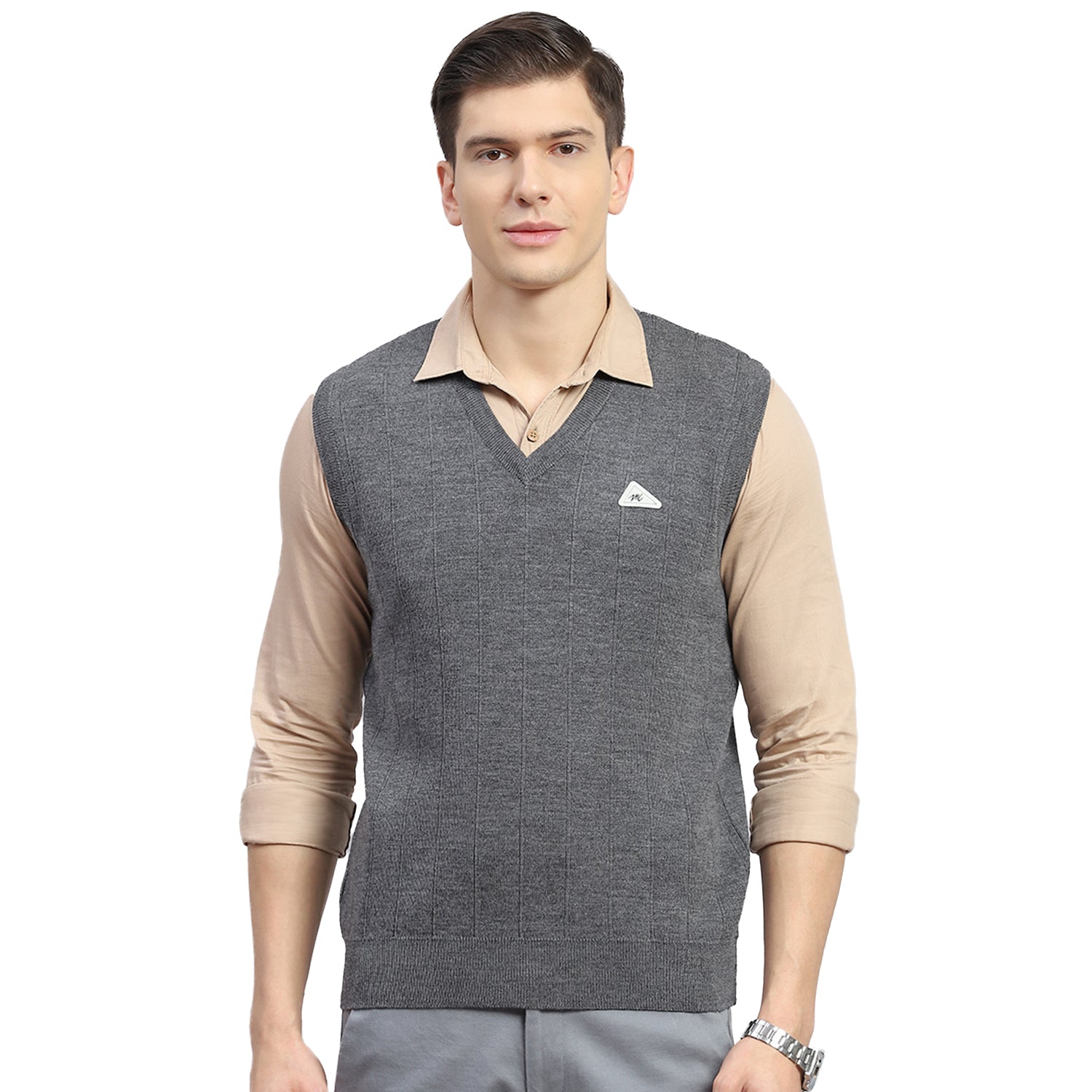 Men Grey Solid V Neck Sleeveless Sweater