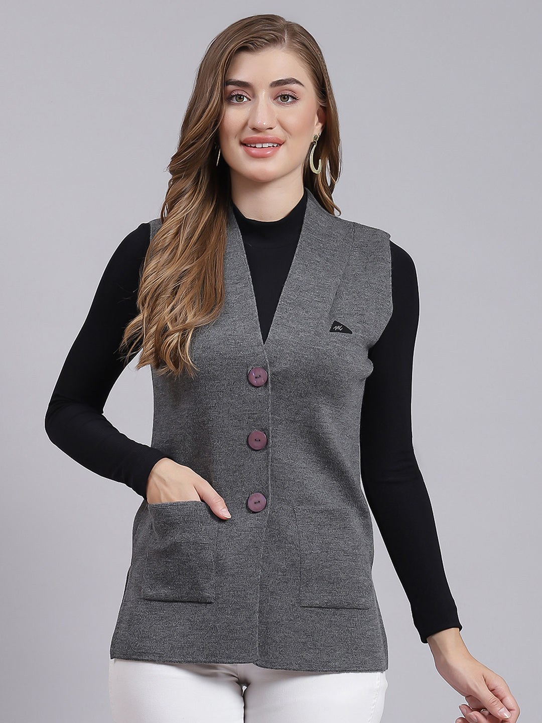 Women Grey Solid Pure wool Cardigan