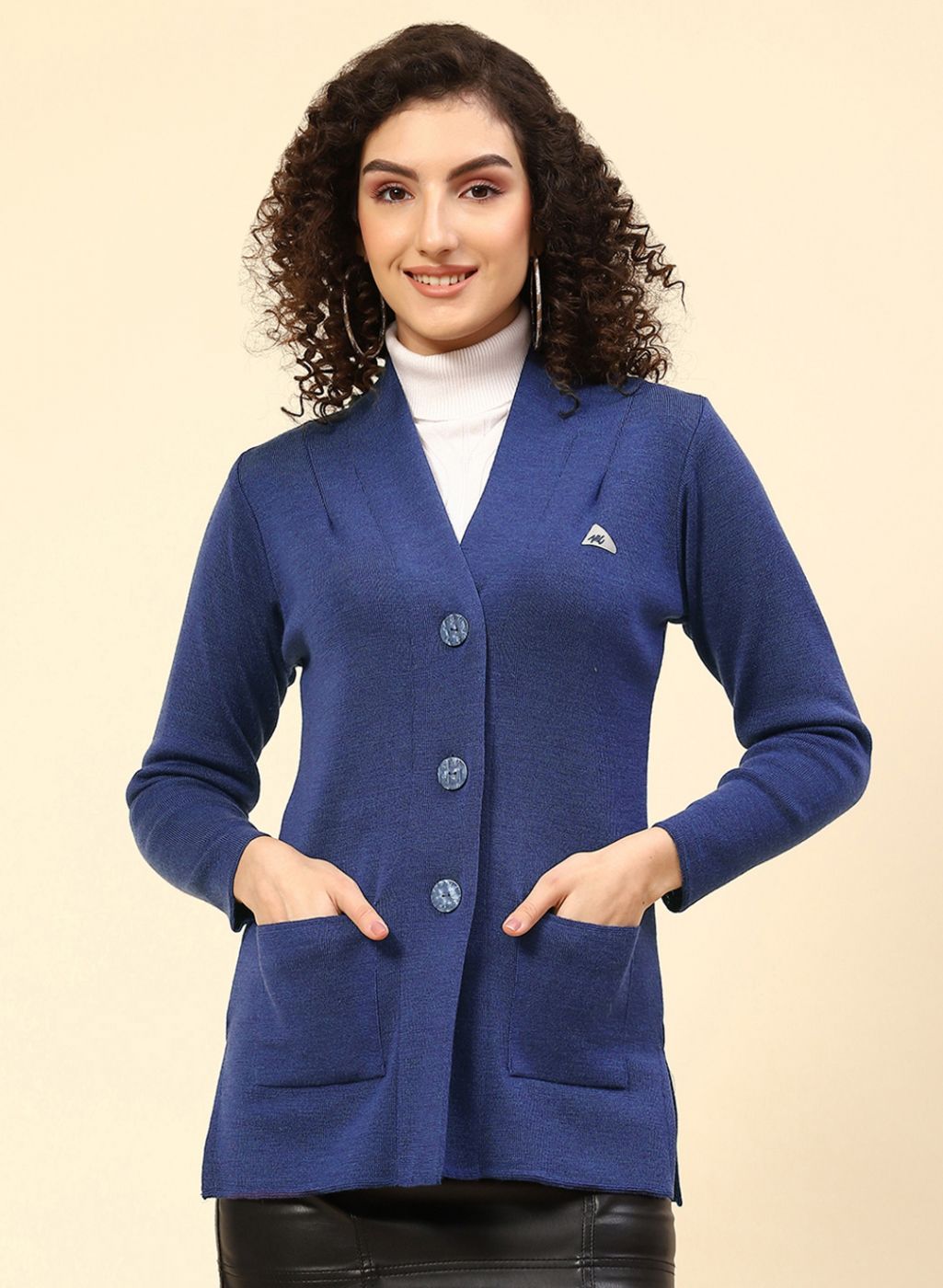 Women Blue Solid Pure wool Cardigan