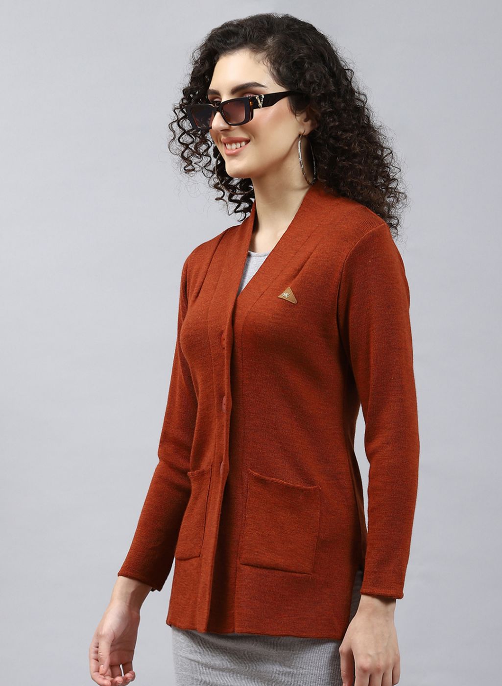 Women Orange Solid Pure wool Cardigan