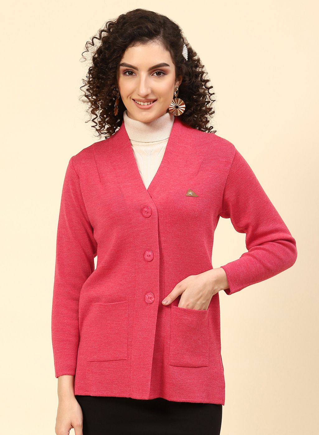 Women Red Solid Pure wool Cardigan