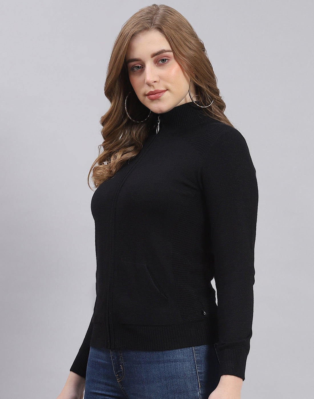 Women Black Solid Stand Collar Full Sleeve Sweater