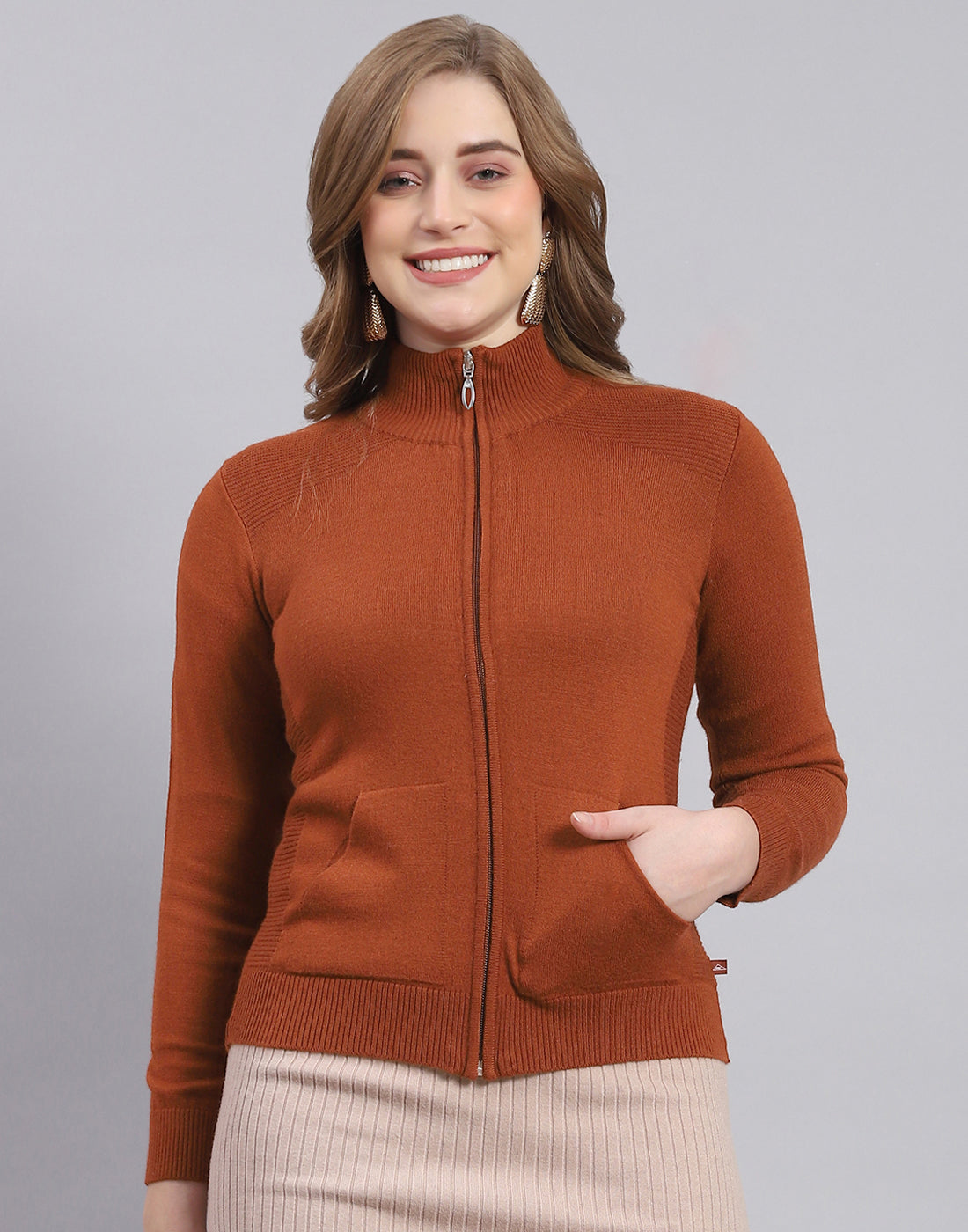 Women Rust Solid Stand Collar Full Sleeve Sweater