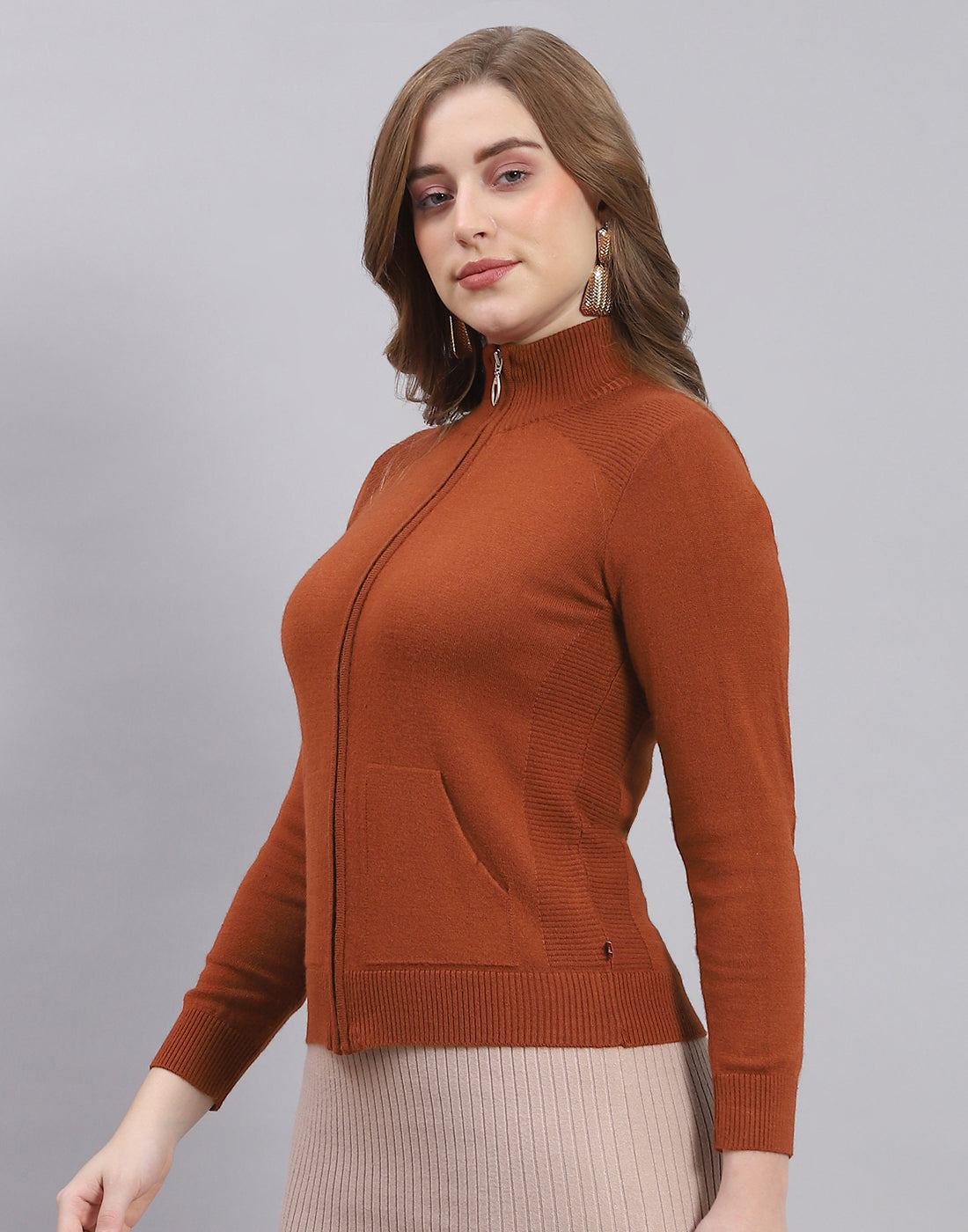 Women Rust Solid Stand Collar Full Sleeve Sweater