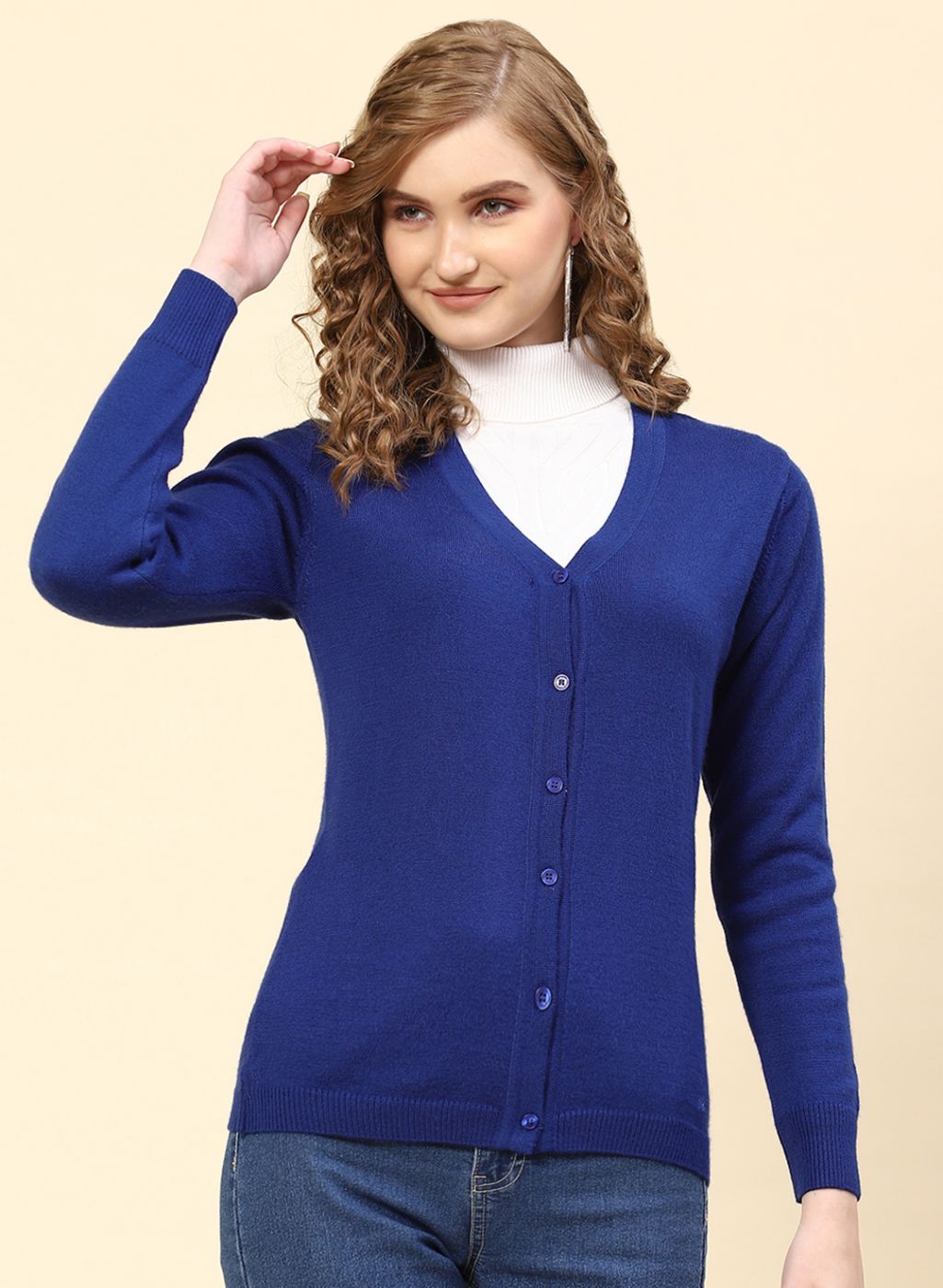 Women Royal Blue Solid Modal Nylone Cardigan