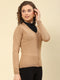 Women Camel Brown Solid V Neck Full Sleeve Cardigans
