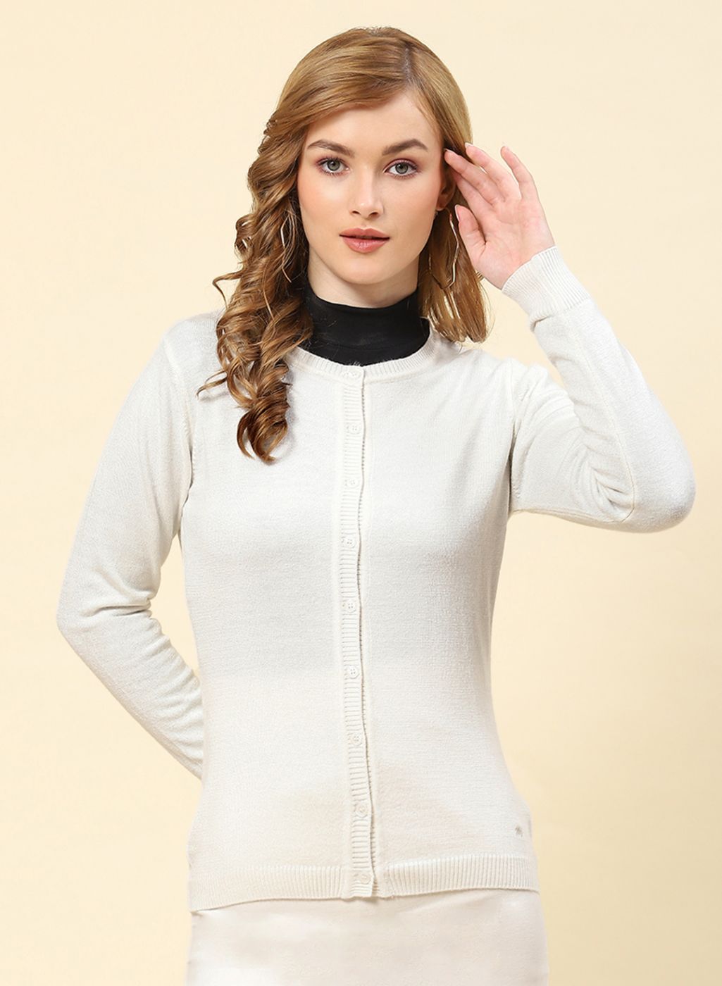Women Off White Solid Modal Nylone Cardigan
