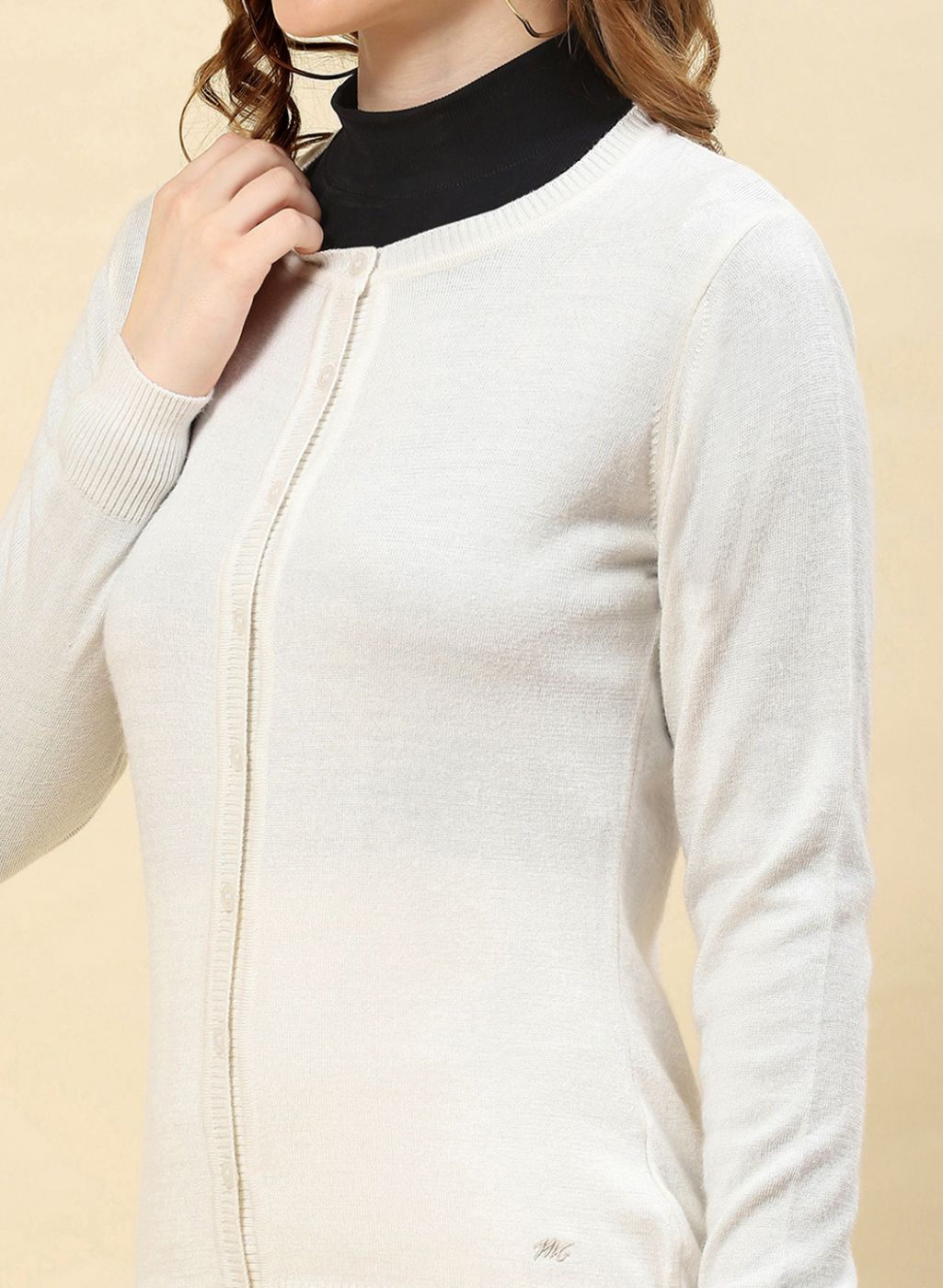 Women Off White Solid Modal Nylone Cardigan