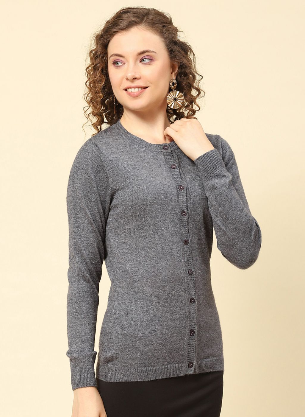 Women Grey Solid Modal Nylone Cardigan