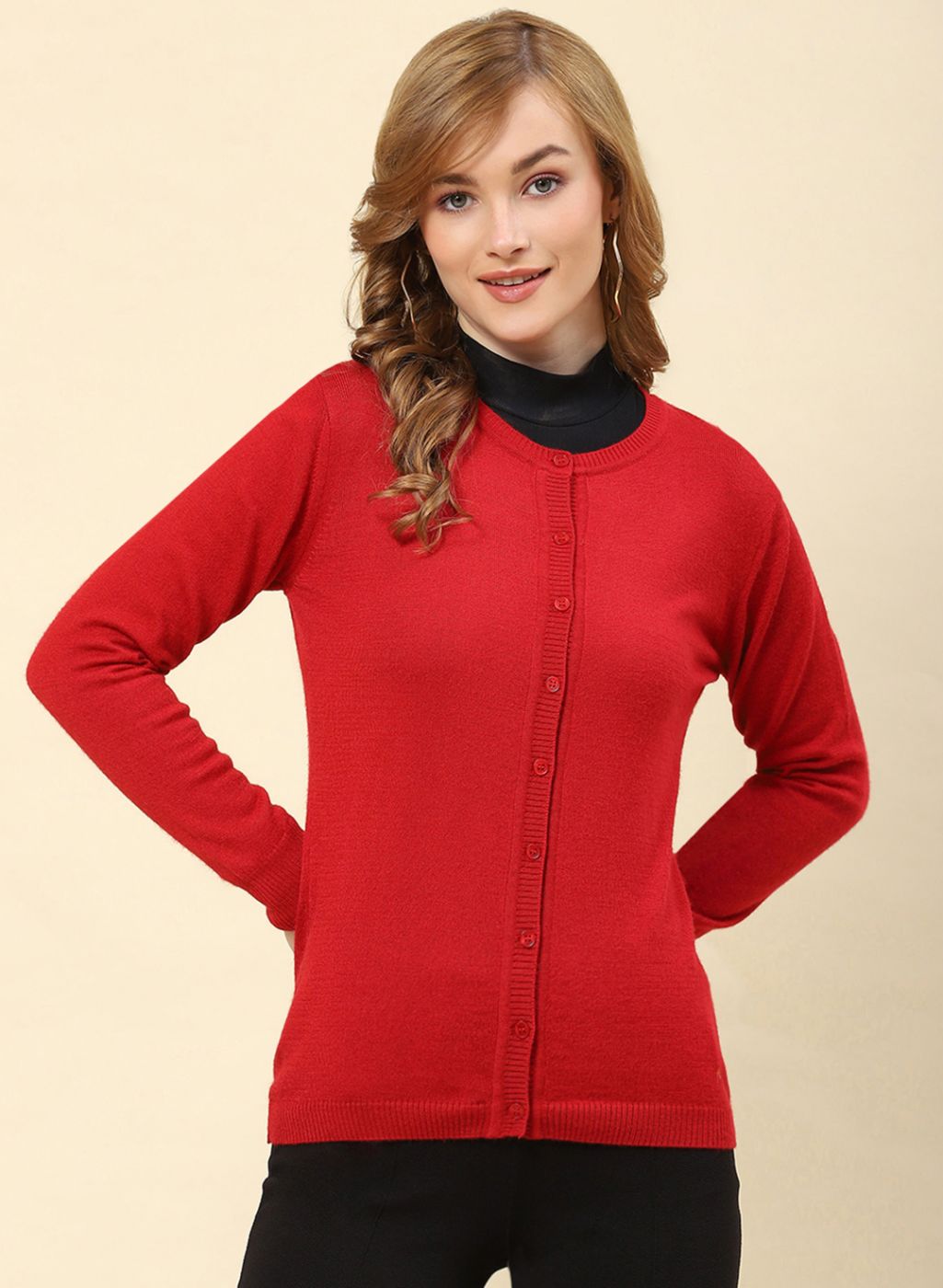Women Red Solid Modal Nylone Cardigan