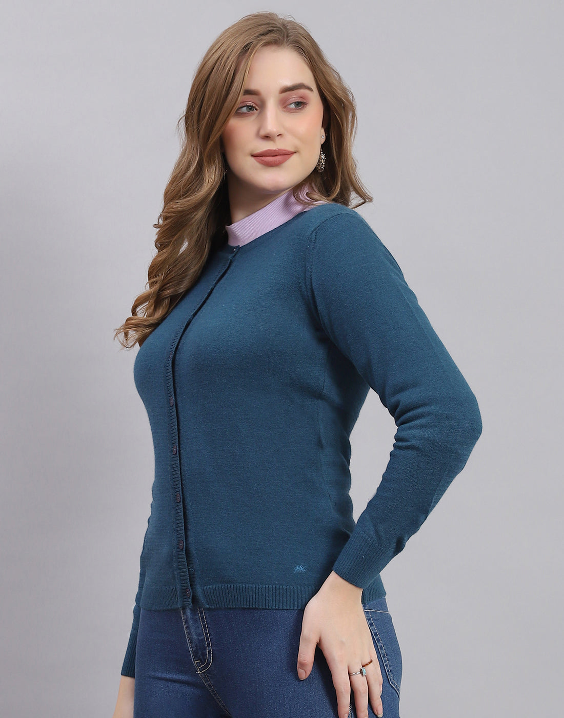 Women Teal Blue Solid Round Neck Full Sleeve Sweater