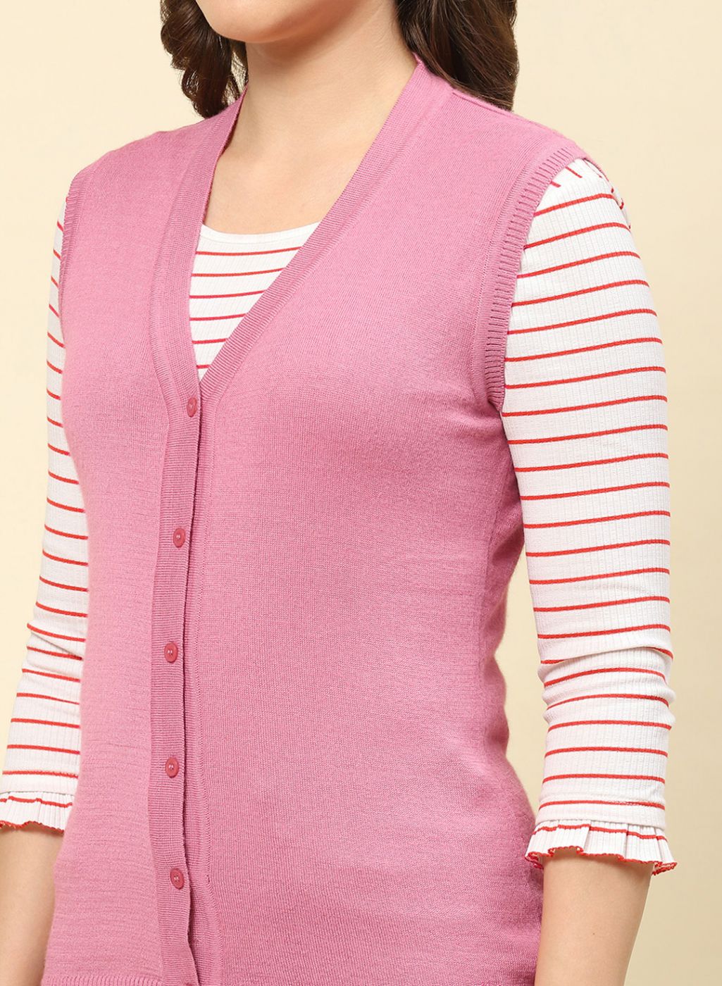 Women Pink Solid Modal Nylone Cardigan