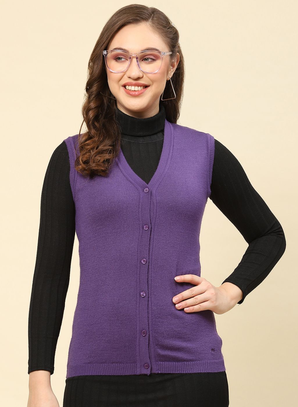 Women Purple Solid Modal Nylone Cardigan