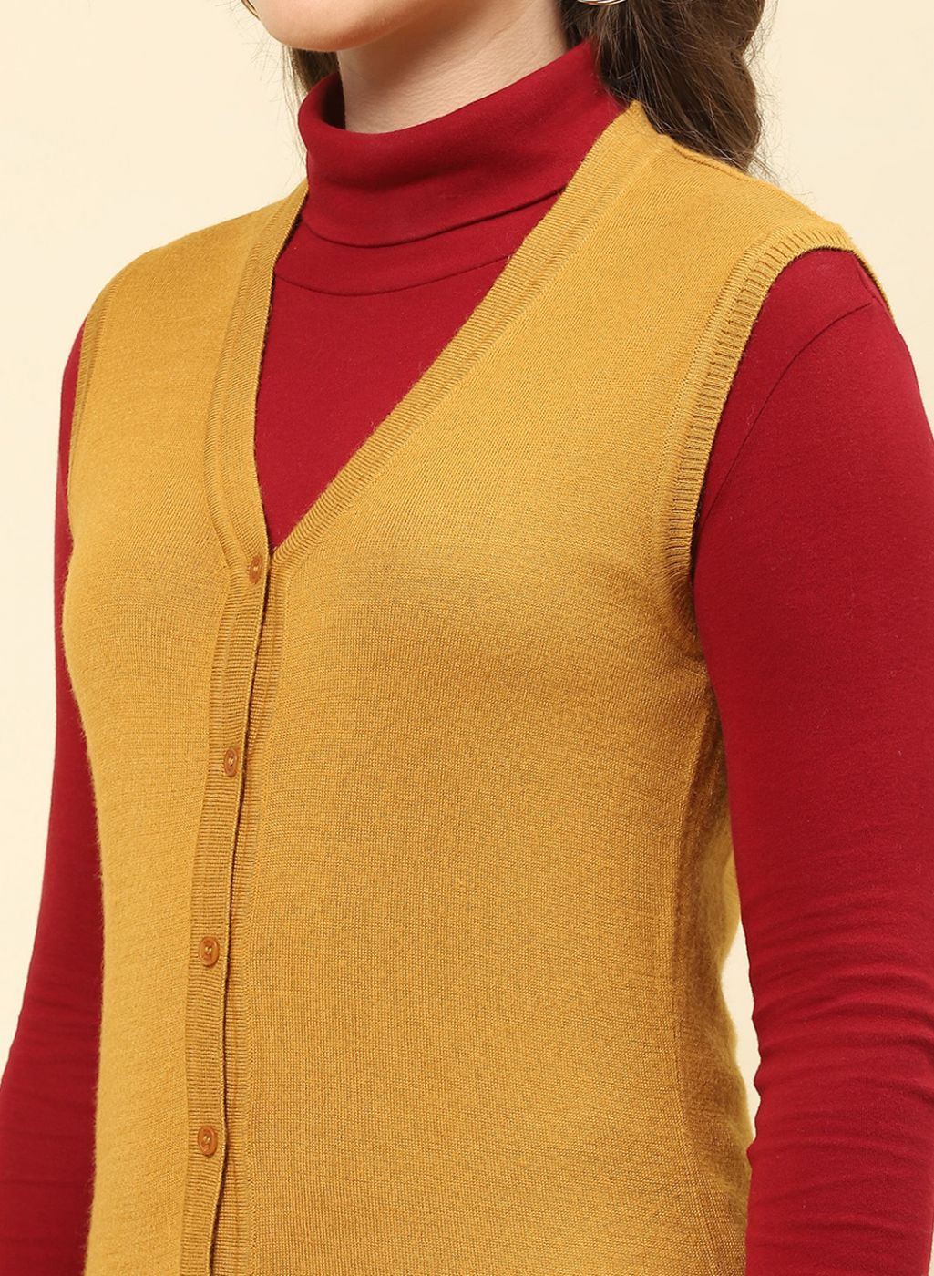 Women Mustard Solid Modal Nylone Cardigan