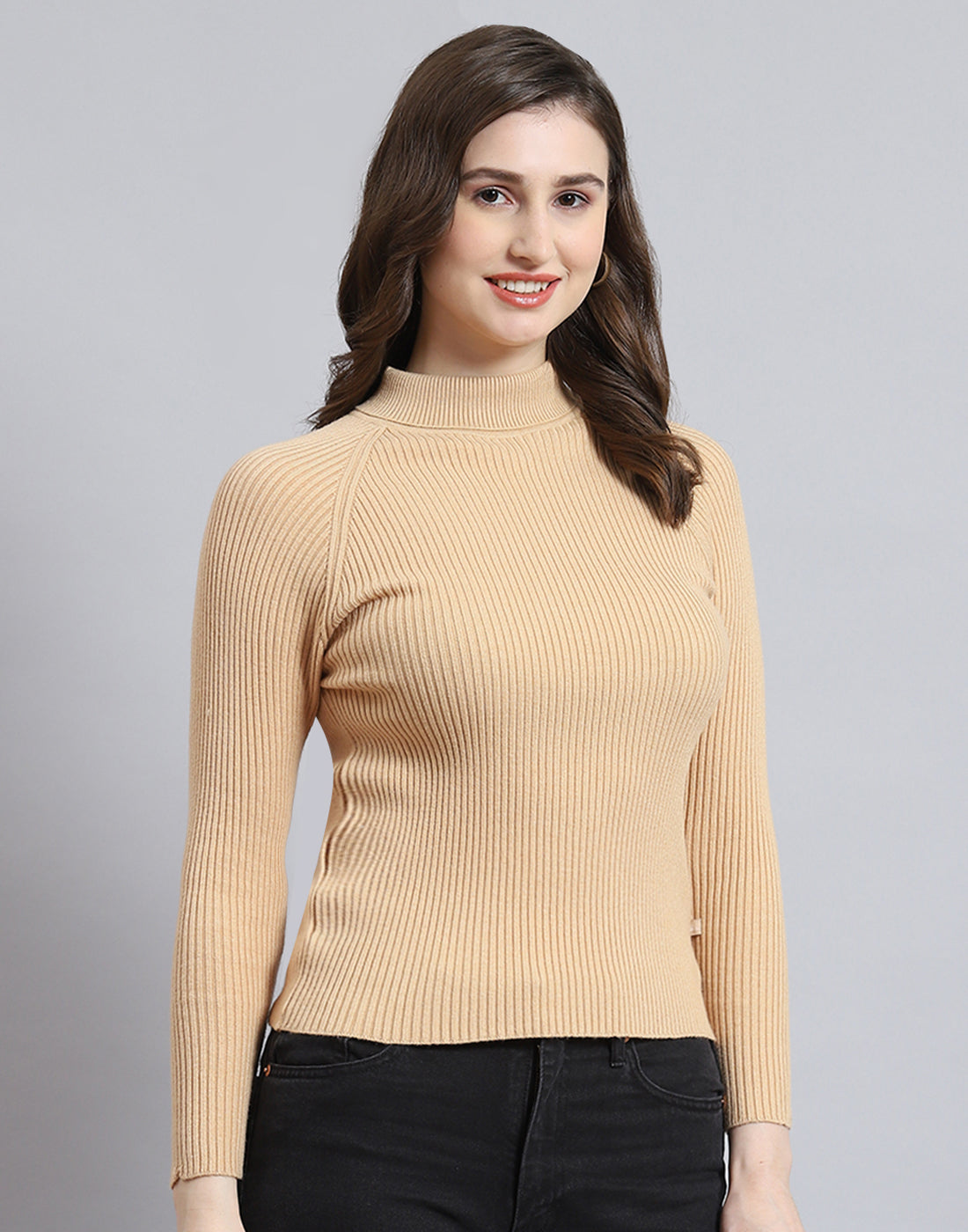 Women Brown Solid H Neck Full Sleeve Sweater