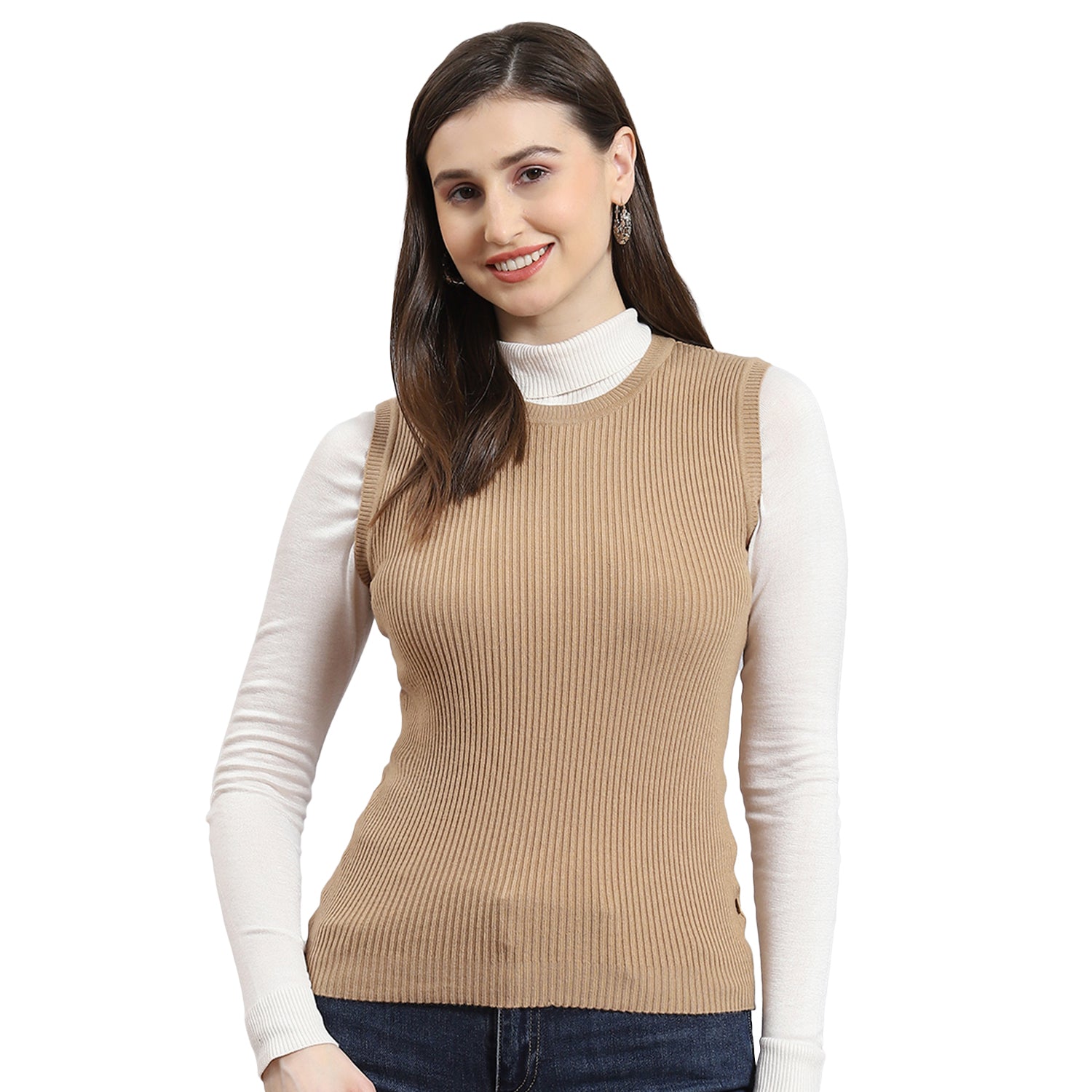 Women Brown Solid Round Neck Sleeveless Sweater