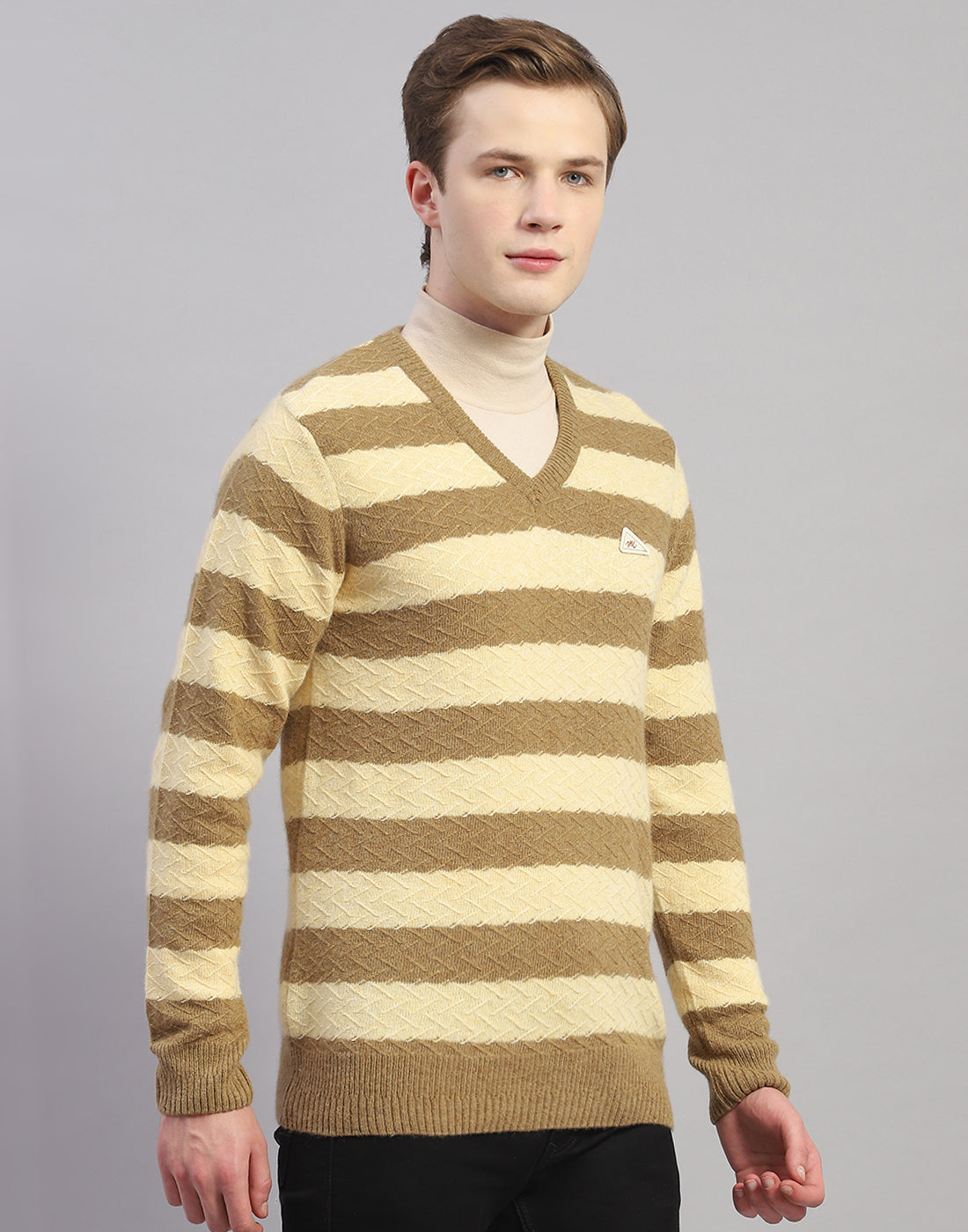 Men Beige Stripe V Neck Full Sleeve Pullover