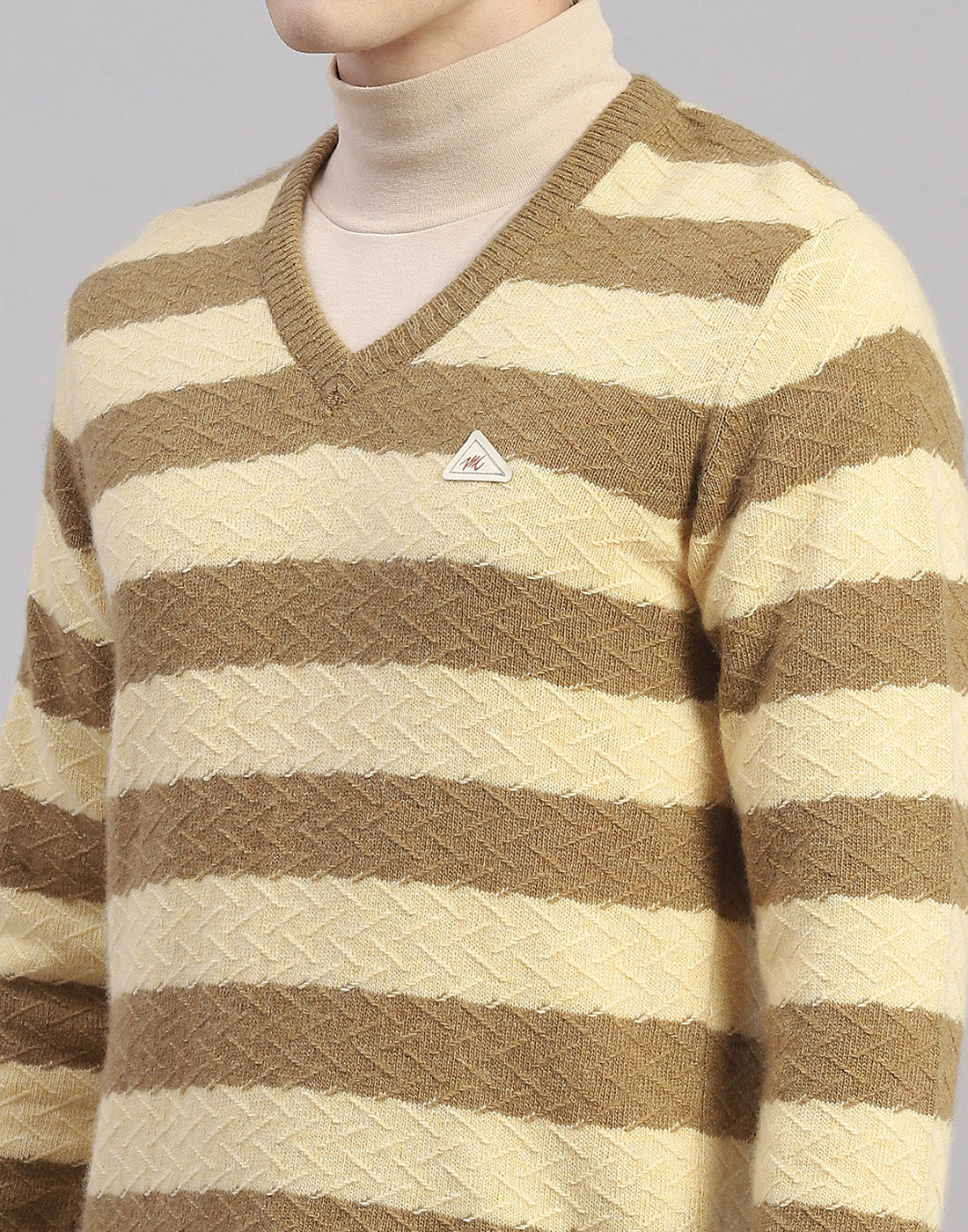 Men Beige Stripe V Neck Full Sleeve Pullover