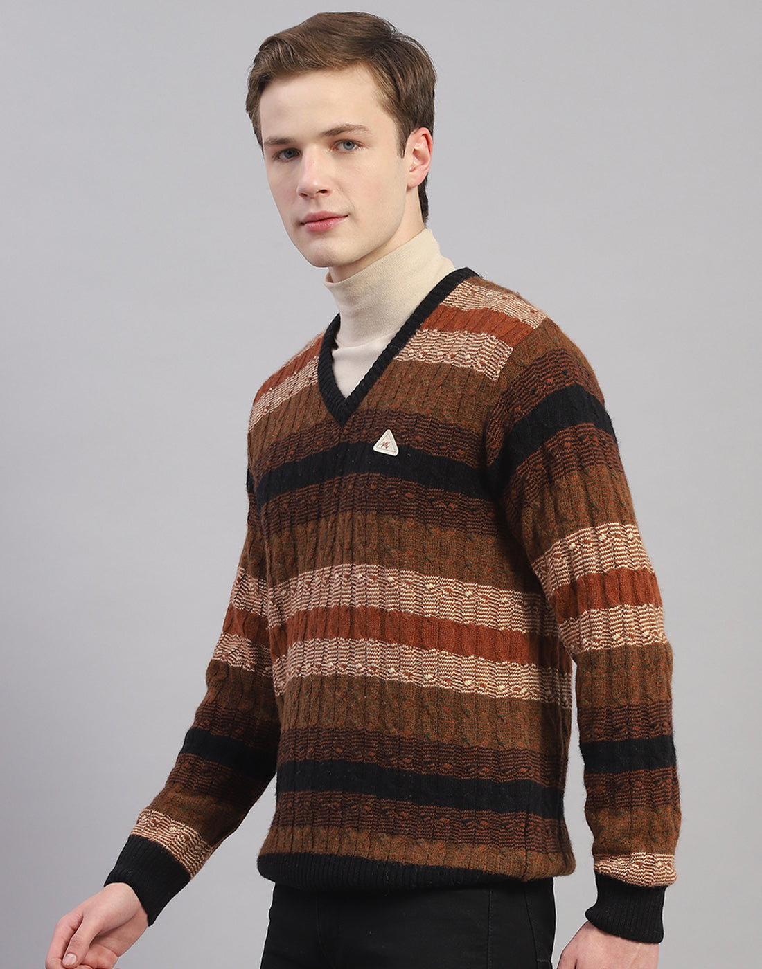 Men Brown Stripe V Neck Full Sleeve Pullover