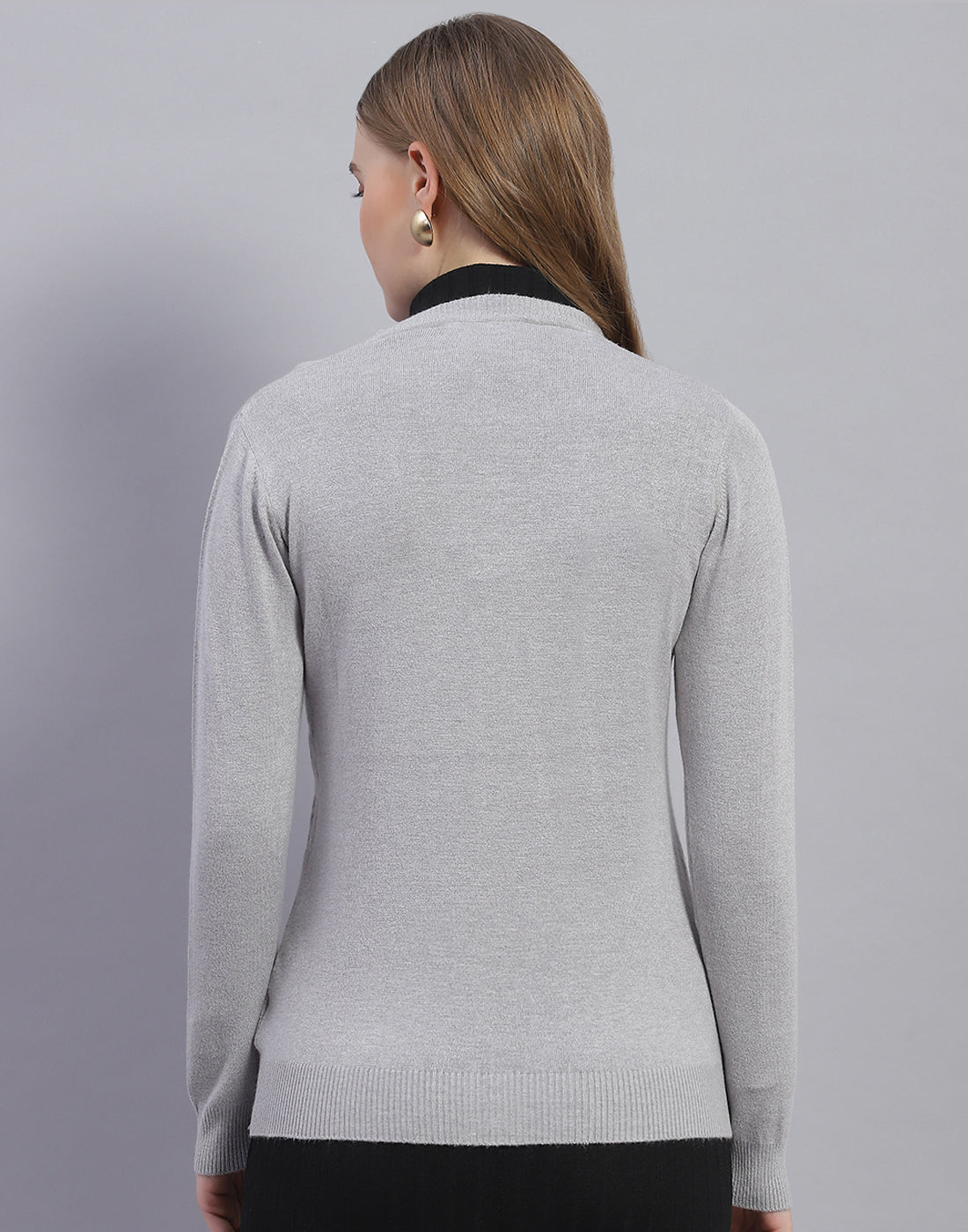 Women Grey Solid V Neck Full Sleeve Cardigan