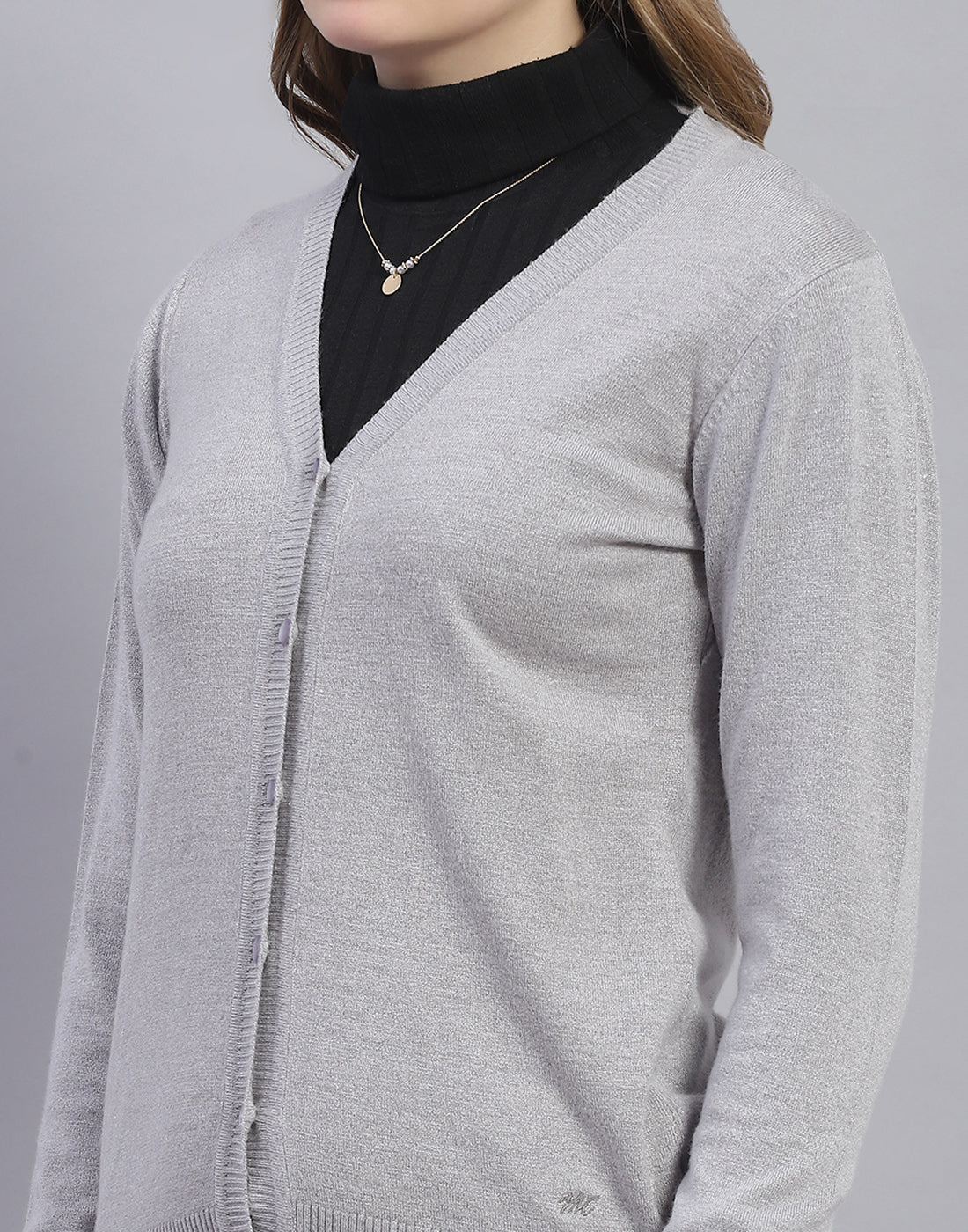 Women Grey Solid V Neck Full Sleeve Cardigan