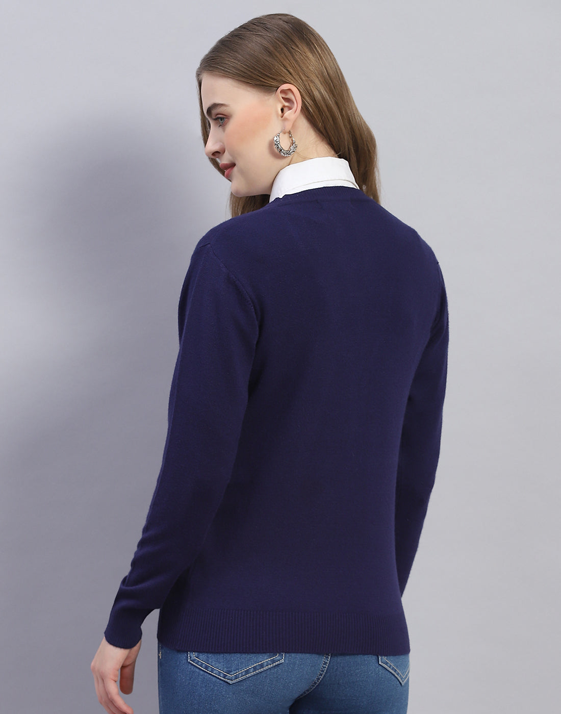 Women Navy Blue Solid V Neck Full Sleeve Cardigan