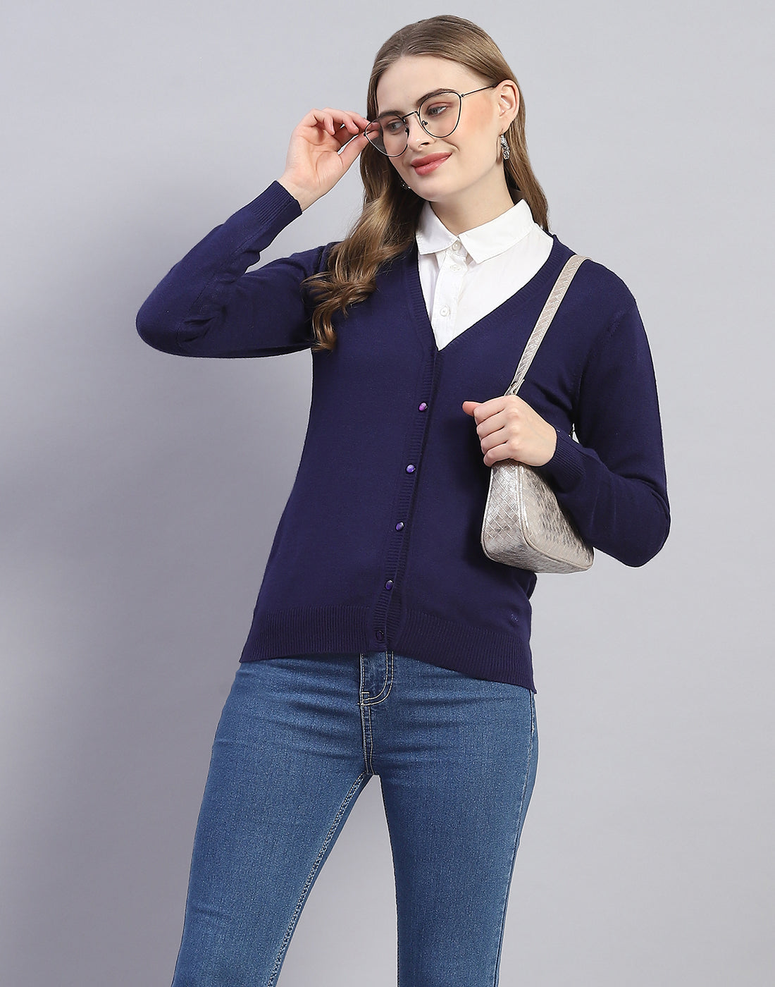 Women Navy Blue Solid V Neck Full Sleeve Cardigan