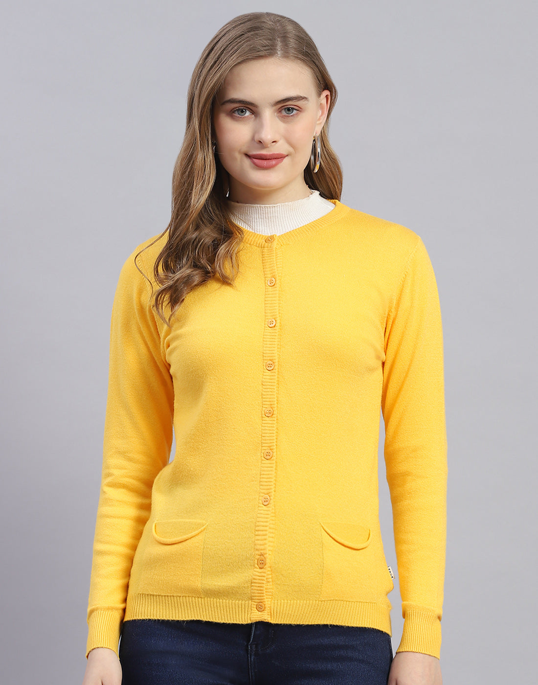 Women Yellow Solid Round Neck Full Sleeve Cardigan