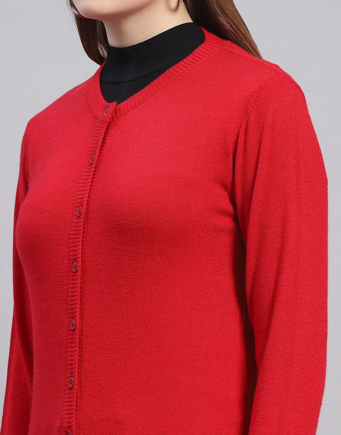 Women Red Solid Round Neck Full Sleeve Cardigan