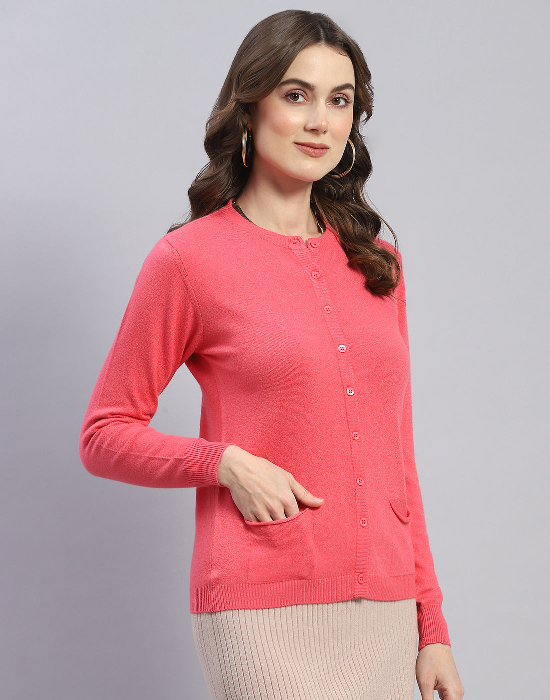 Women Pink Self Design Round Neck Full Sleeve Cardigan