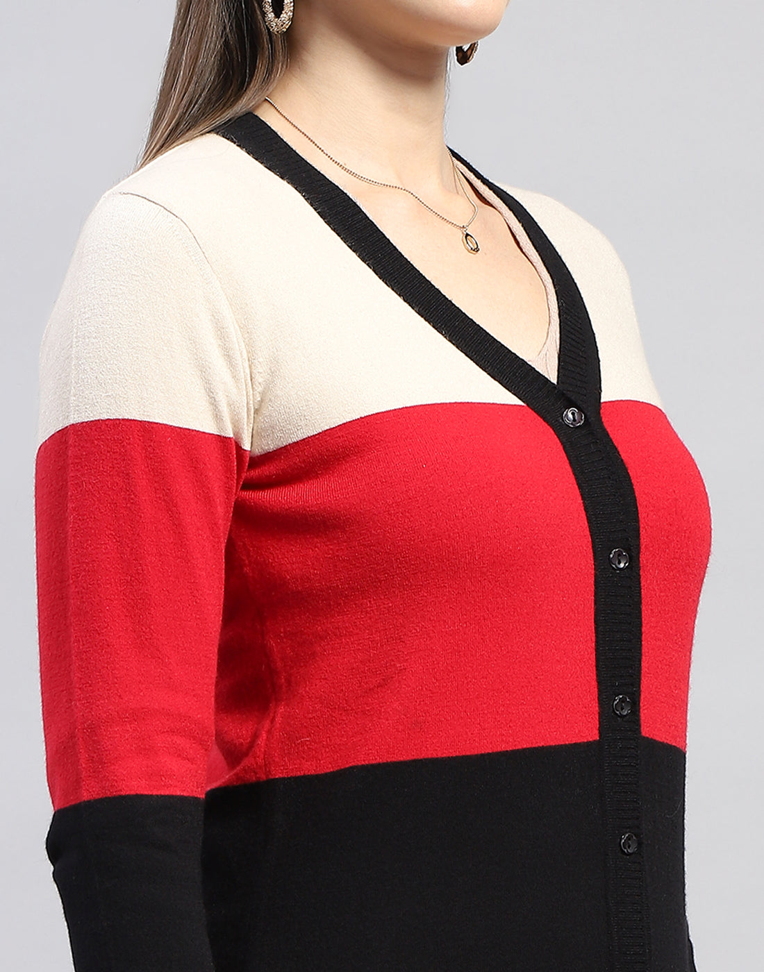 Women Red Self Design V Neck Full Sleeve Cardigan