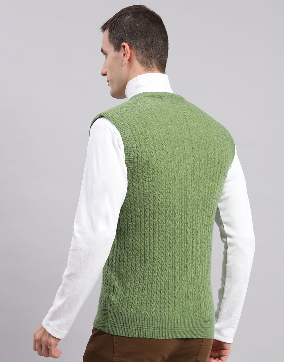 Men Green Self Design V Neck Sleeveless Sweaters/Pullovers