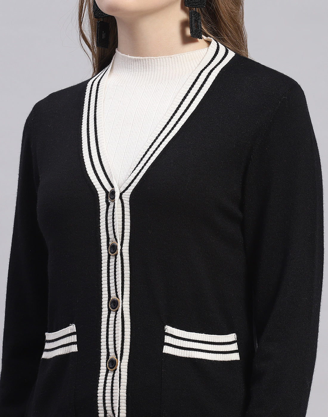 Women Black Solid V Neck Full Sleeve Cardigan