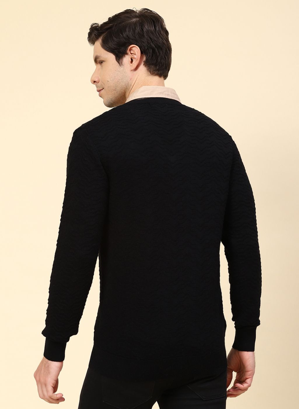 Men Black Self Design Pure wool Pullover