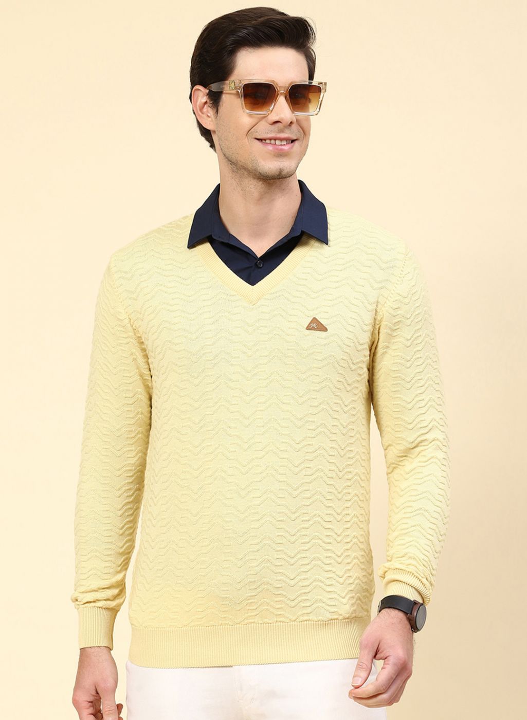 Men Yellow Self Design Pure wool Pullover
