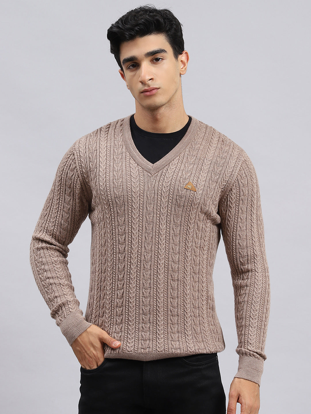Men Beige Self Pullover