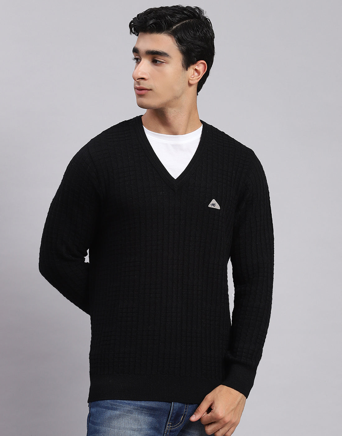 Men Black Self Design V Neck Full Sleeve Sweaters/Pullovers