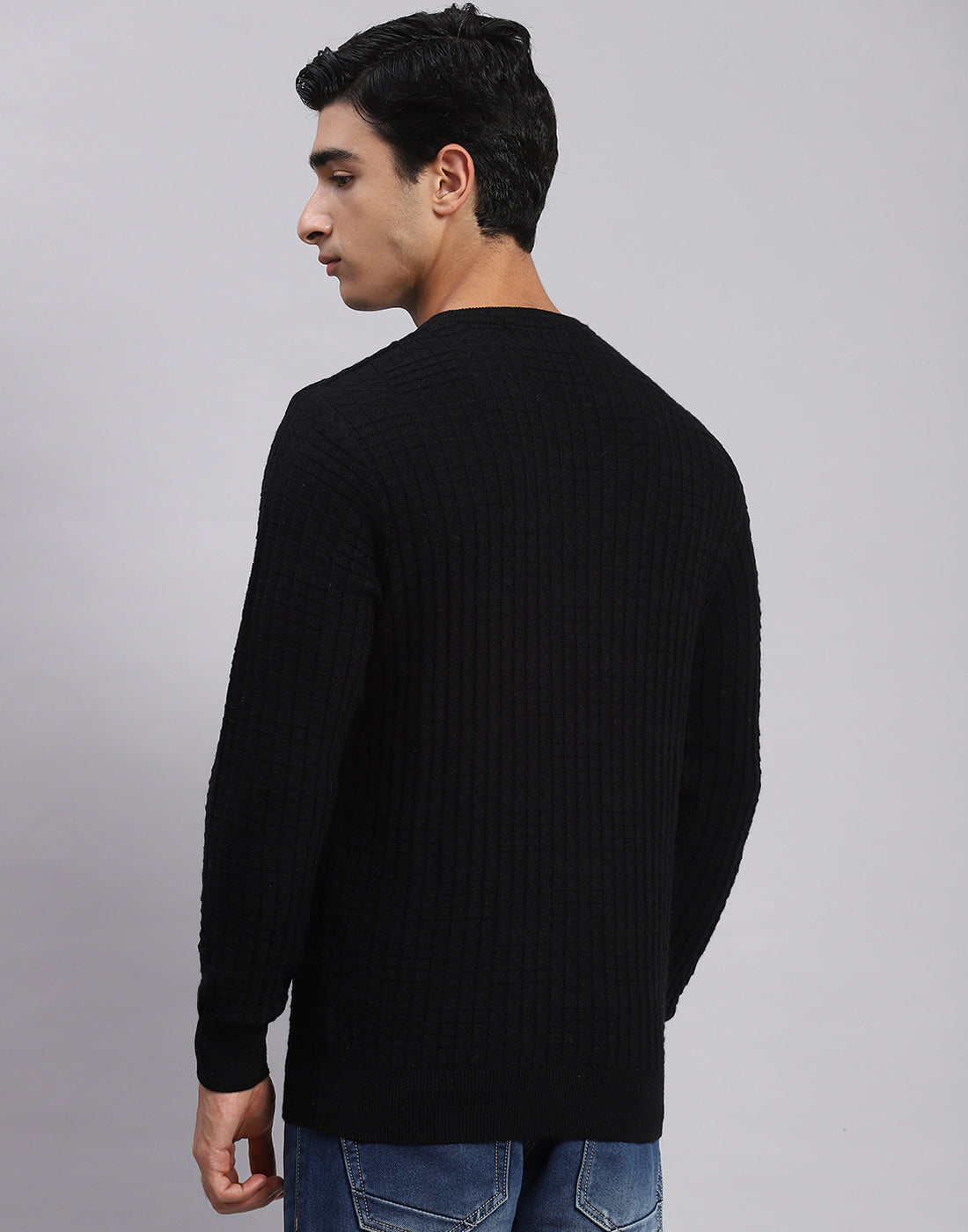 Men Black Self Design V Neck Full Sleeve Sweaters/Pullovers