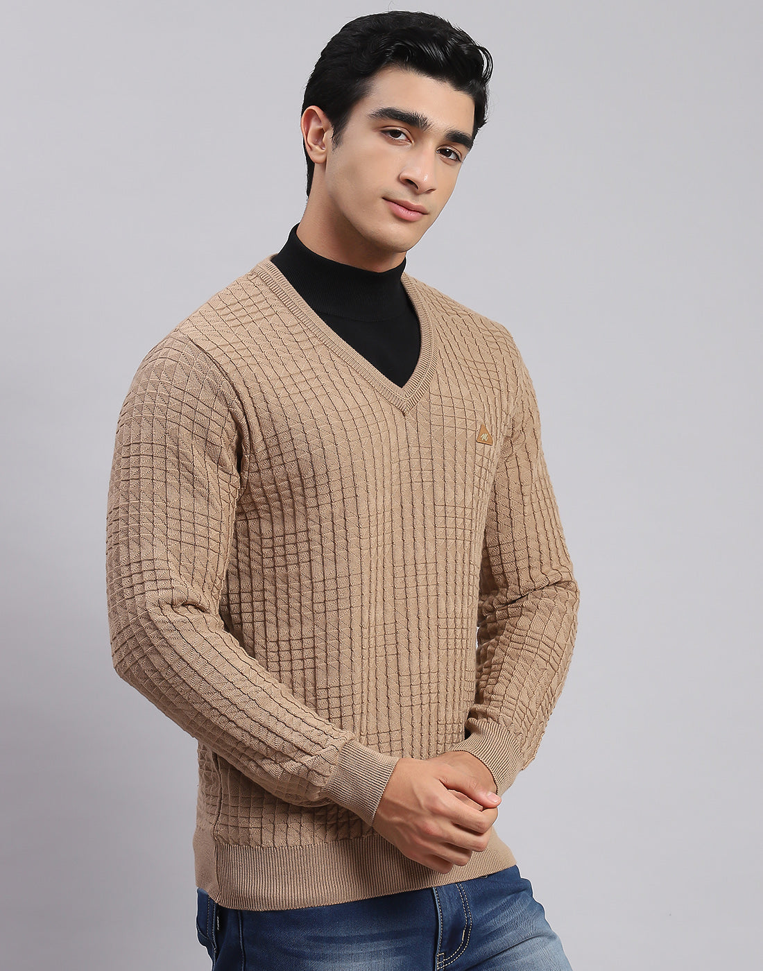 Men Camel Brown Self Design V Neck Full Sleeve Sweaters/Pullovers